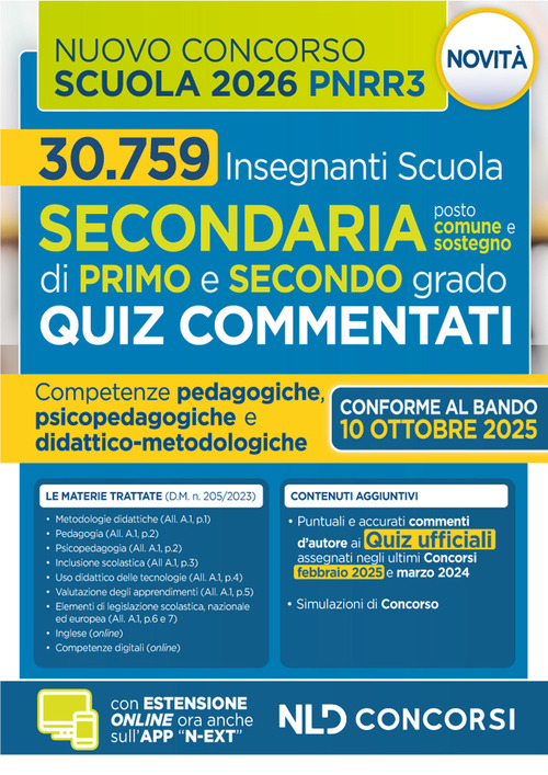 Concorso scuola PNRR3. Quiz commentati con svolgimento prove ufficiali concorso 2025 2026. Scuola secondaria